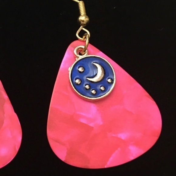 REPURPOSED Guitar Pick Earrings Celestial Moon Stars Hand Crafted - Picture 3 of 3